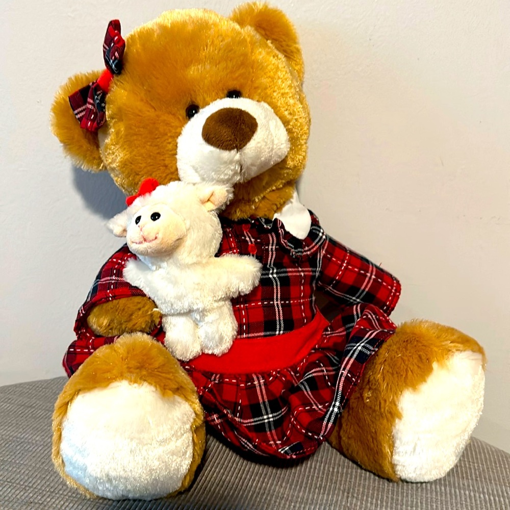 Brooks Brothers 19” plush Teddy Bear w/ lamb. Dressed in Red Plaid dress.